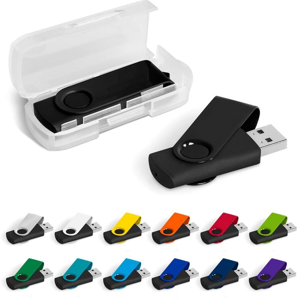 Pen drives USB em estojo preto e cores sortidas, dispostos em fila.