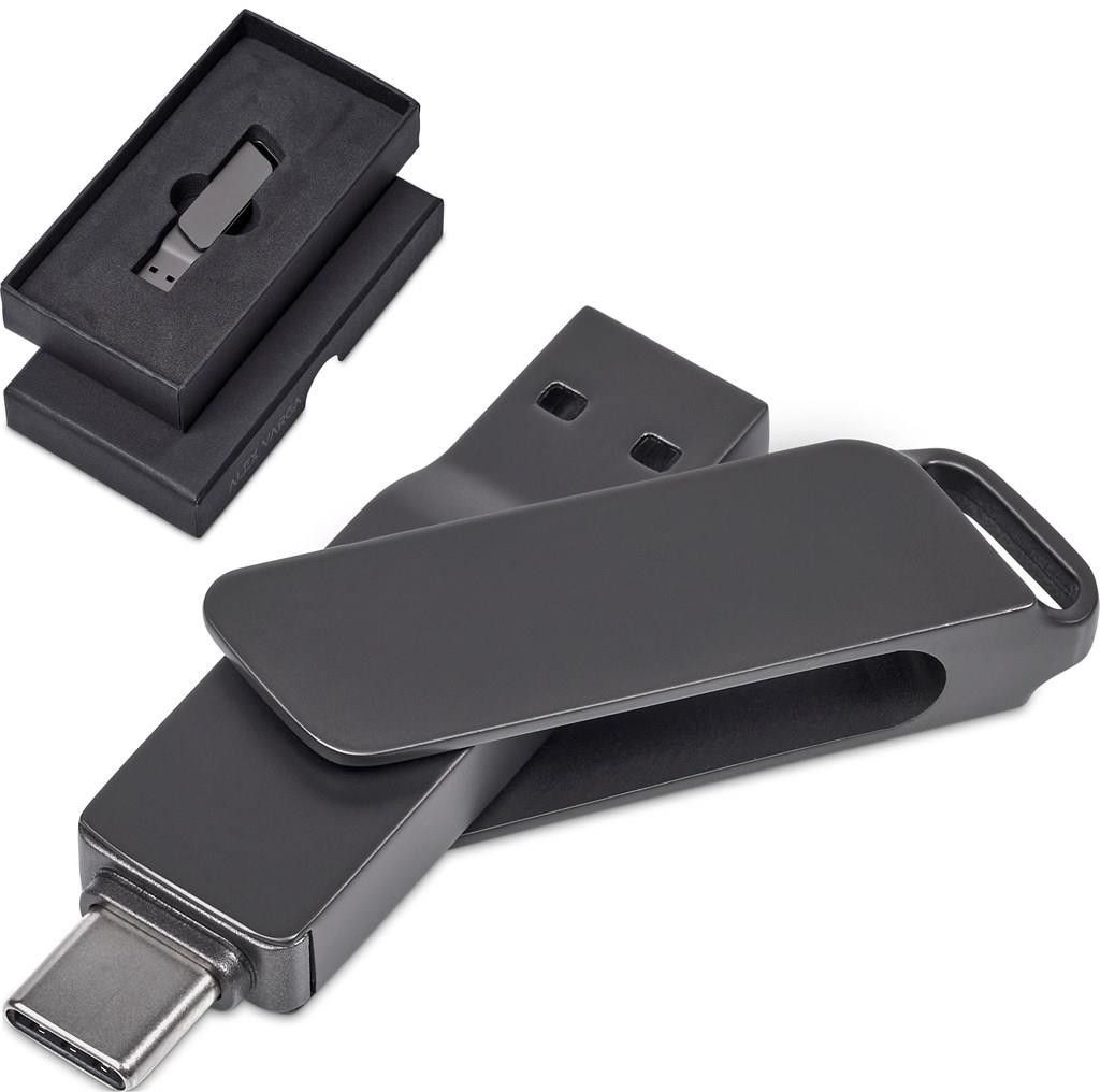 Pen drive USB preto com tampa deslizante e capa protetora removível sobre fundo branco.