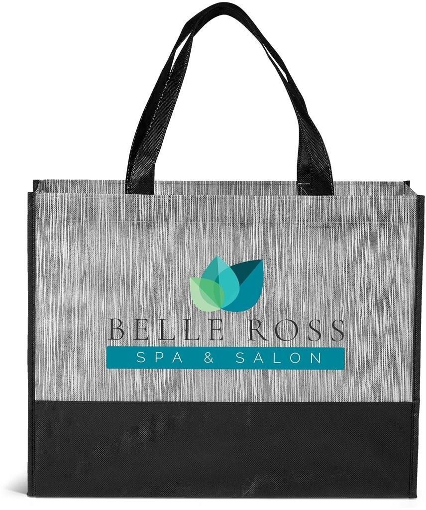 Bolsa de tecido cinza e preta com alças pretas e logotipo azul-esverdeado de um salão de spa na parte frontal.