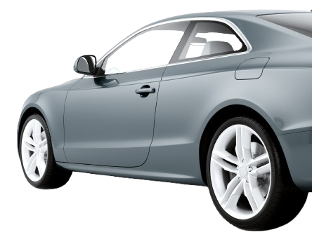 Coupé gris avec jantes blanches sur fond blanc.