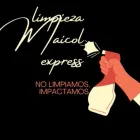 Logotipo del servicio de limpieza "Limpieza Maicol Express". Una mano con un guante naranja rocía una botella de limpiador con spray blanco sobre fondo negro.