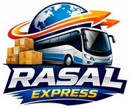 Logotipo con autobús, cajas, globo terráqueo y texto "RASAL EXPRESS", que indica servicio de envío internacional.