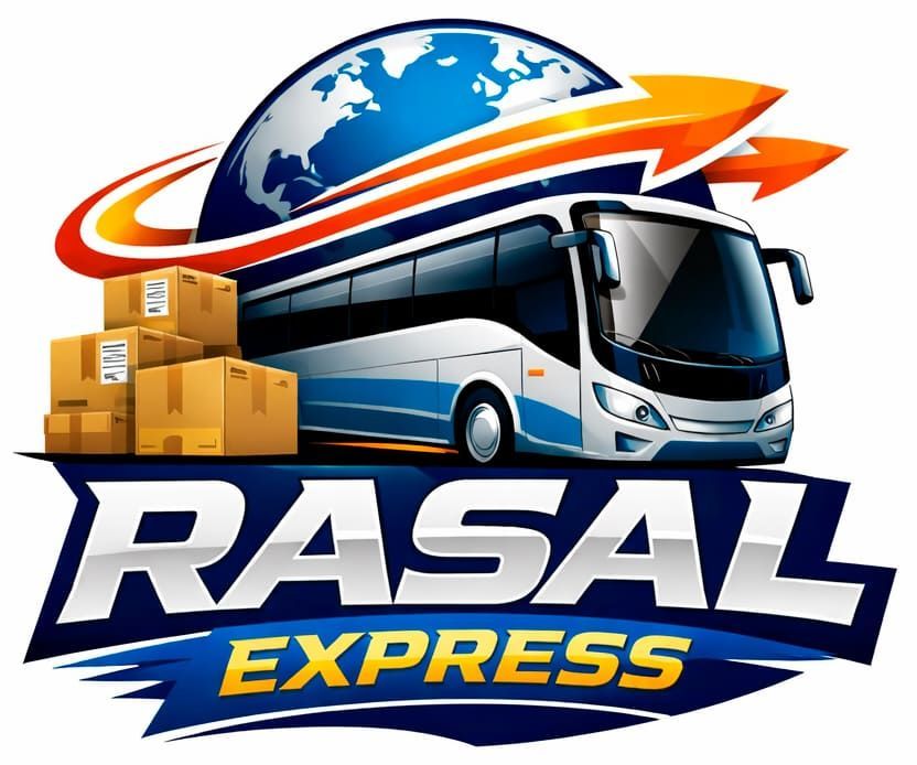 Logotipo con autobús, cajas, globo terráqueo y texto "RASAL EXPRESS", que indica servicio de envío internacional.