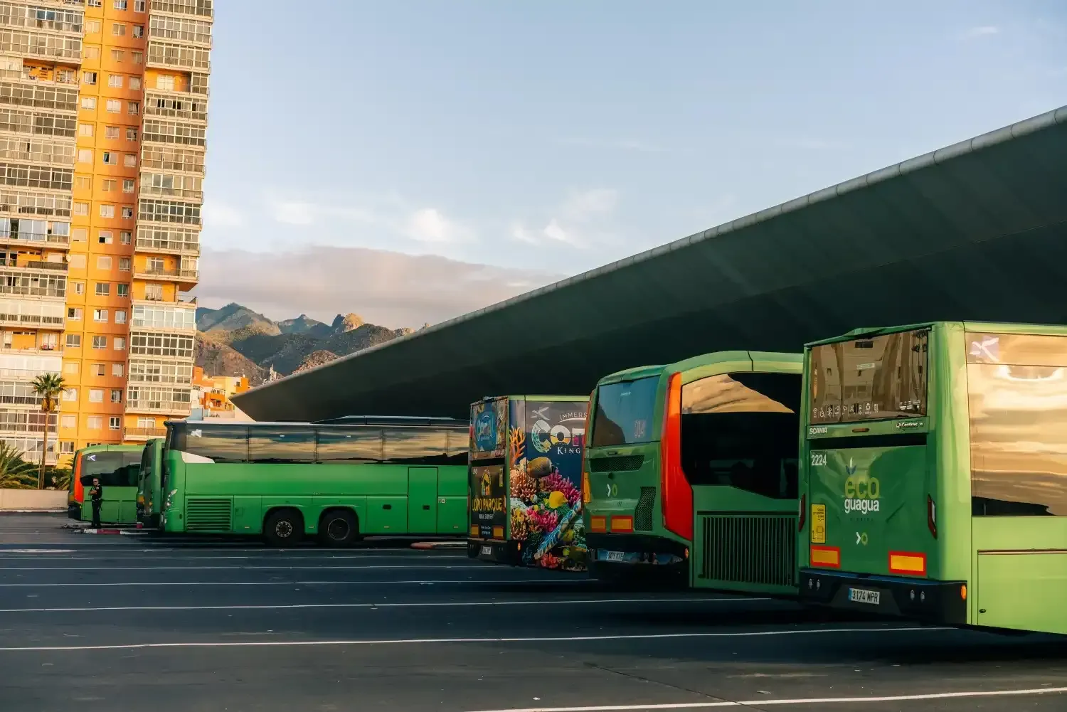 Autobuses verdes estacionados bajo un toldo de hormigón cerca de un alto edificio naranja.