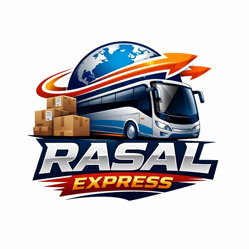 Logotipo con autob&uacute;s, cajas, globo terr&aacute;queo y texto "RASAL EXPRESS", que indica servicio de env&iacute;o internacional.