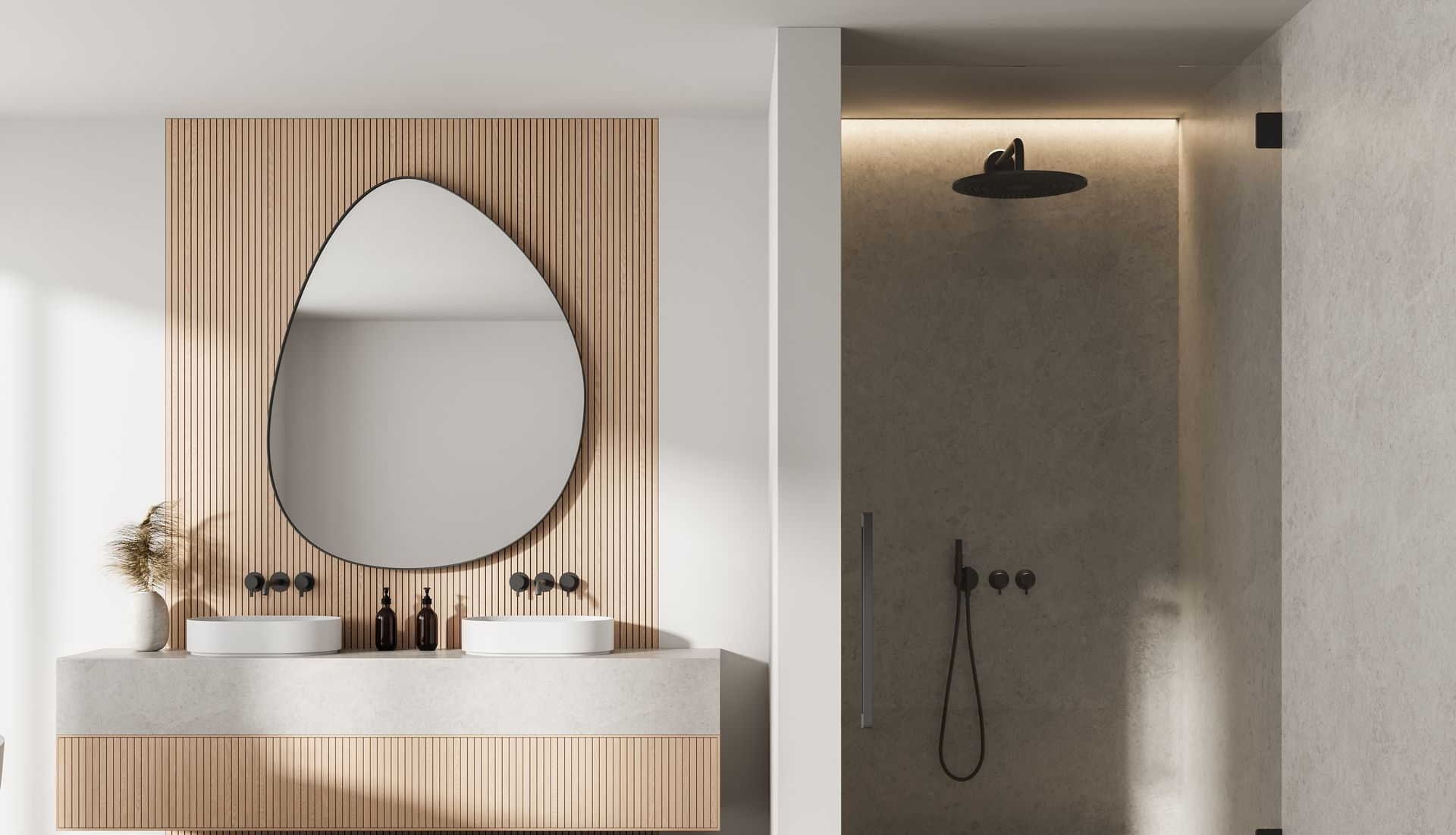Salle de bains moderne avec meuble-lavabo en bois, miroir rond et douche à l'italienne.