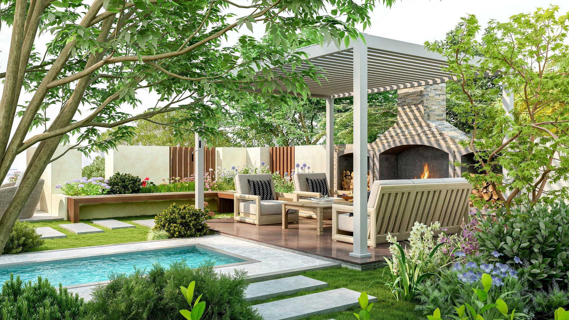 Patio de jardin moderne avec pergola, sièges d'extérieur, auvent rayé et végétation autour d'un foyer en pierre.
