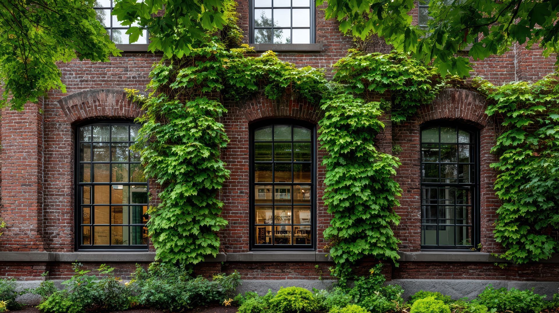 Bâtiment en briques avec des fenêtres cintrées, recouvert de vigne vierge.