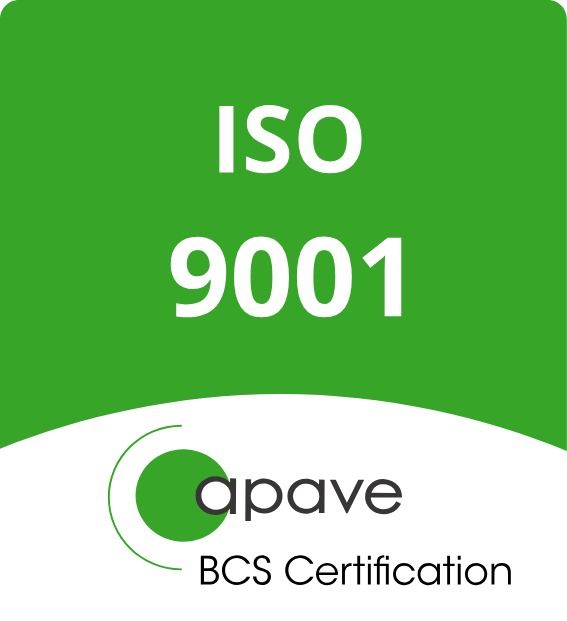 Logo de certification ISO 9001 sur fond vert et blanc avec la marque de certification Apave BCS