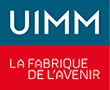 Logo UIMM avec texte blanc sur fond bleu et rouge indiquant La fabrique de l'avenir