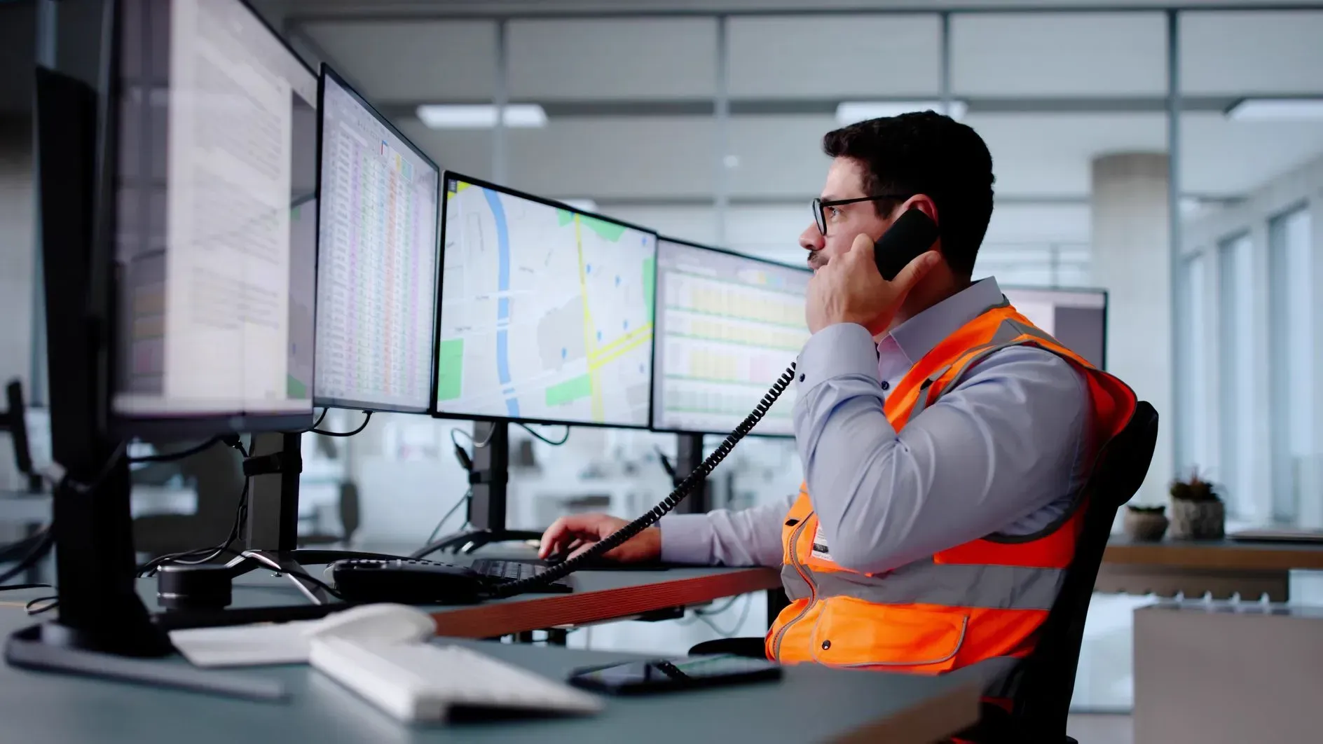Une personne portant un gilet orange haute visibilité travaille à un bureau équipé de trois écrans tout en parlant au téléphone.