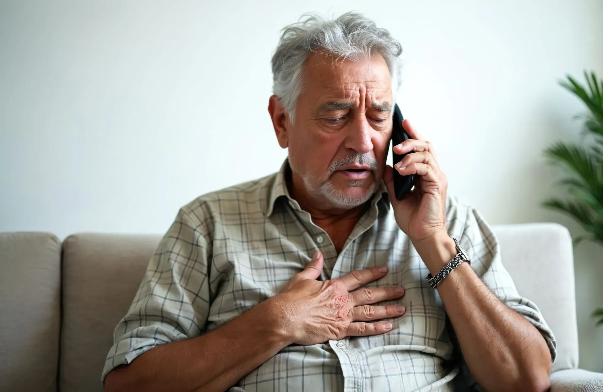 Une personne est assise sur un canapé, la main sur la poitrine, tout en parlant au téléphone portable avec une expression soucieuse.