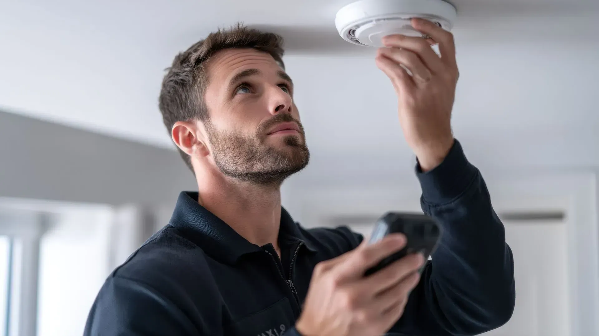 Un technicien en uniforme noir vérifie un détecteur de fumée installé au plafond tout en tenant un smartphone.