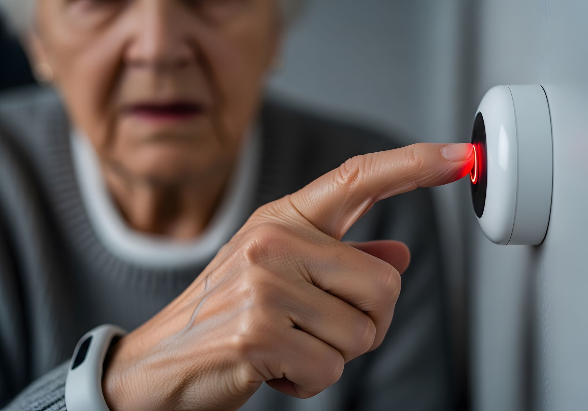 Une personne appuyant sur un bouton d'urgence circulaire fixé au mur et illuminé d'un voyant rouge.