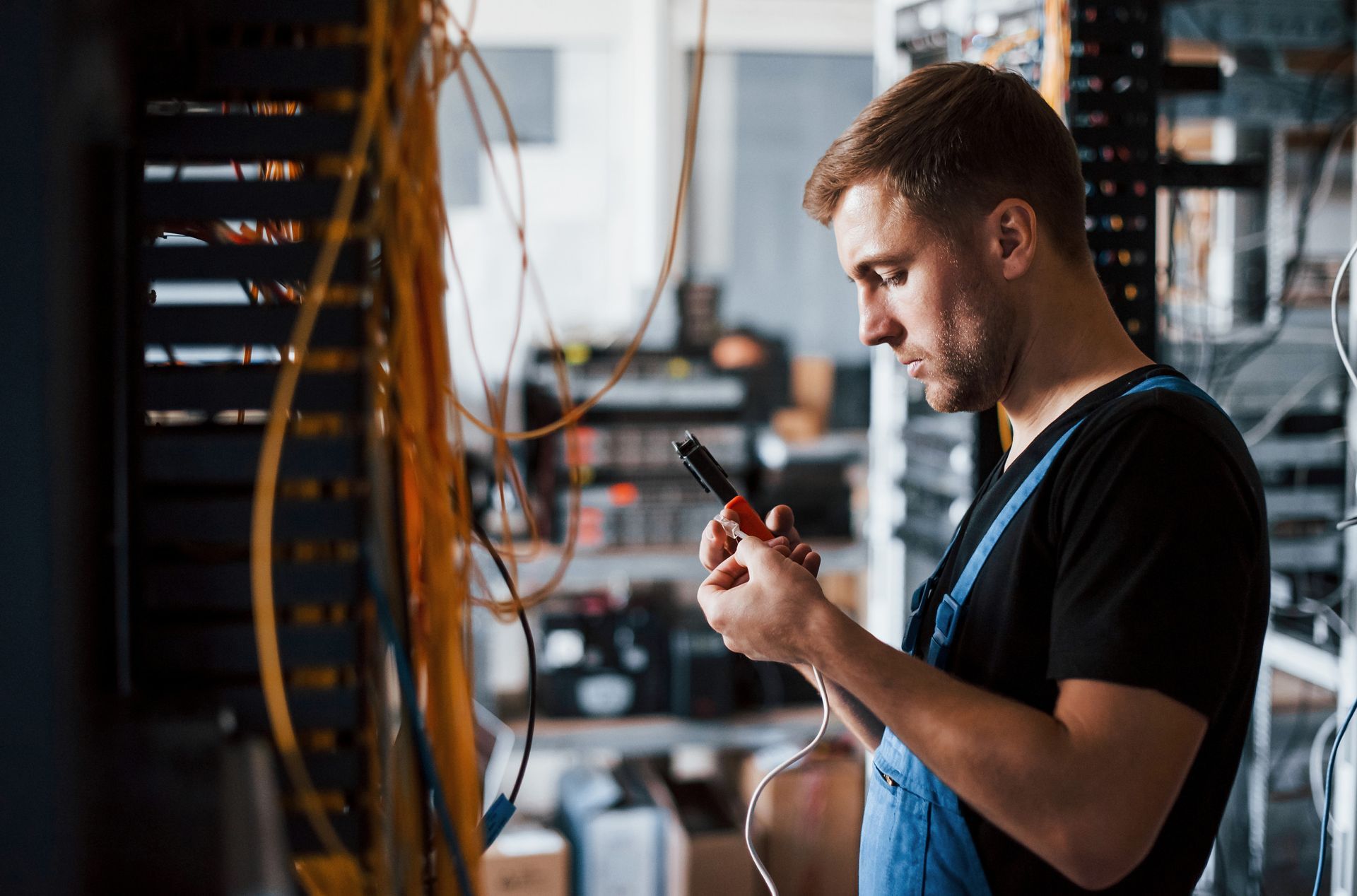 Un hombre con mono examina cables mientras sostiene una herramienta en la sala de servidores.