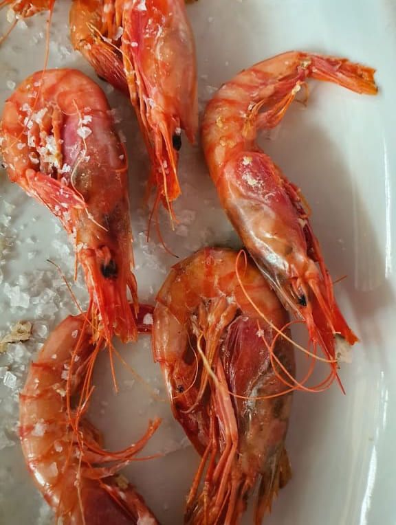 Un plato blanco cubierto con camarones y sal marina.