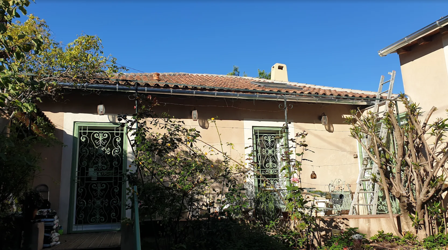 Maison individuelle avec huisseries vertes et végétation sur la façade