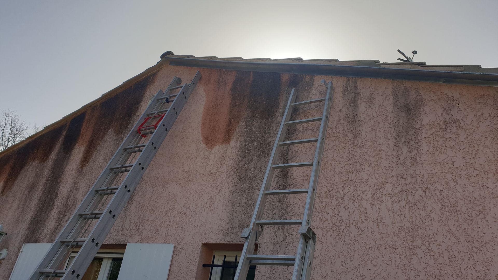 Flanc de maison avec trace d'humidité et deux échelles posées contre