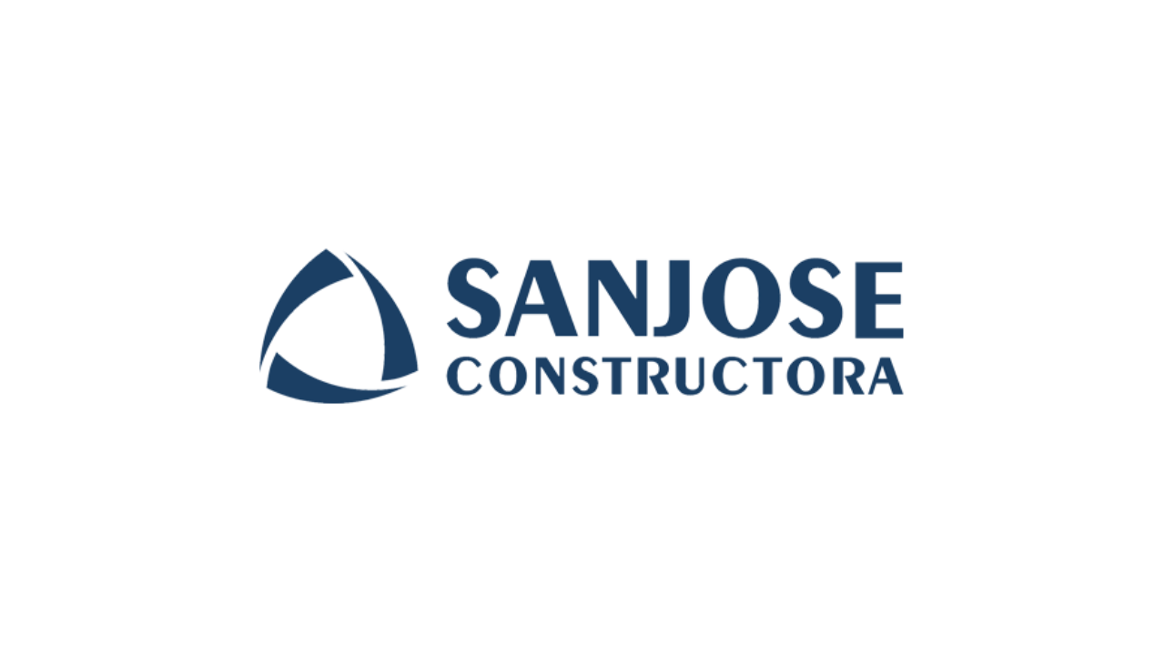 Um logotipo azul para san jose constructora em um fundo branco