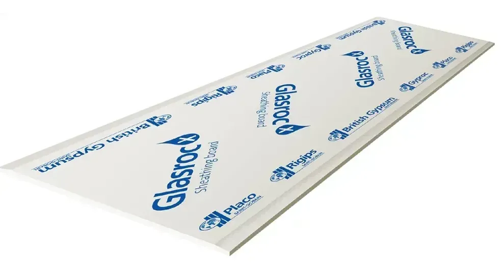Uma folha branca de gesso cartonado com letras azuis
