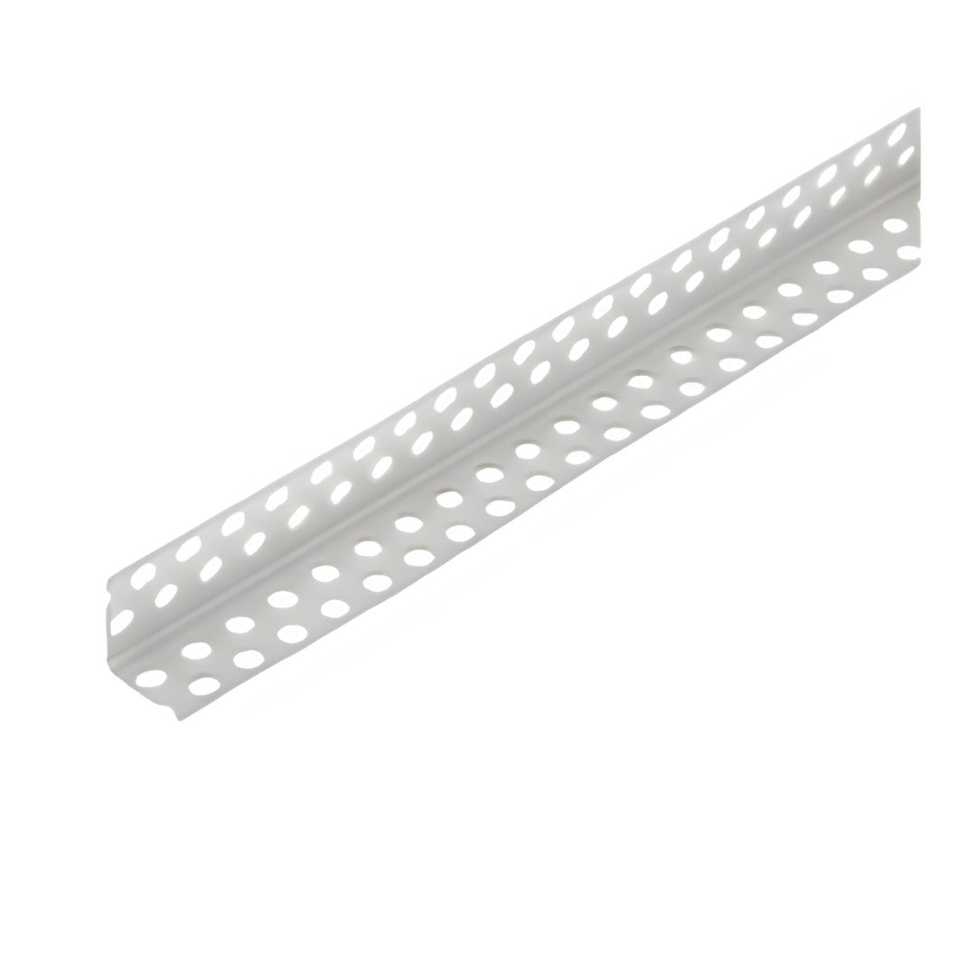 Um canto de plástico branco com furos sobre um fundo branco.