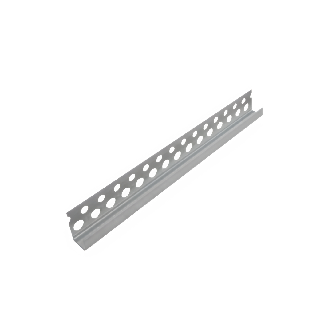 Uma barra de metal com furos em um fundo branco.