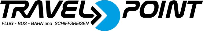 Logo für Travel Point mit schwarzem Text und blauem Kreissymbol, das für Flug-, Bus-, Bahn- und Kreuzfahrten wirbt.