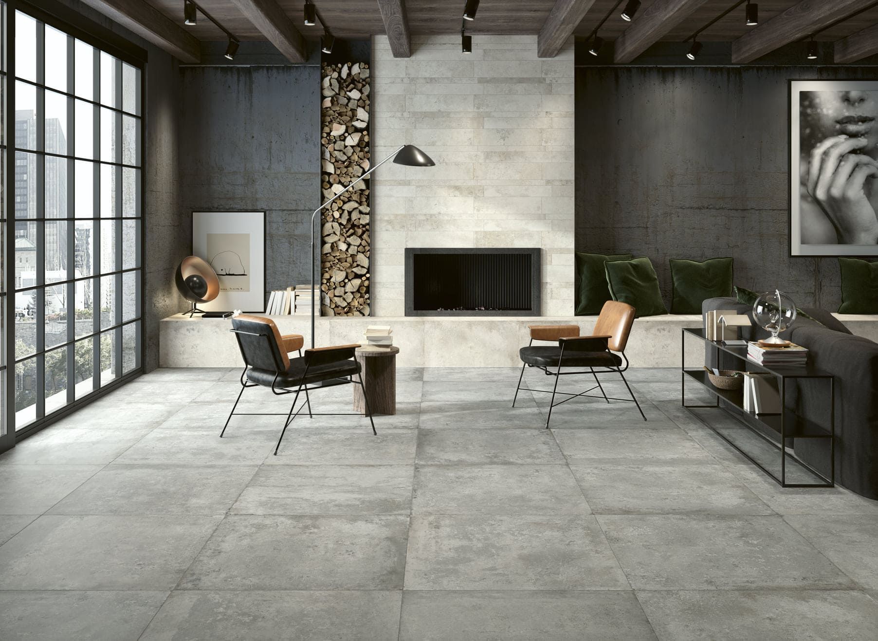 Carrelage à effet béton dans un salon