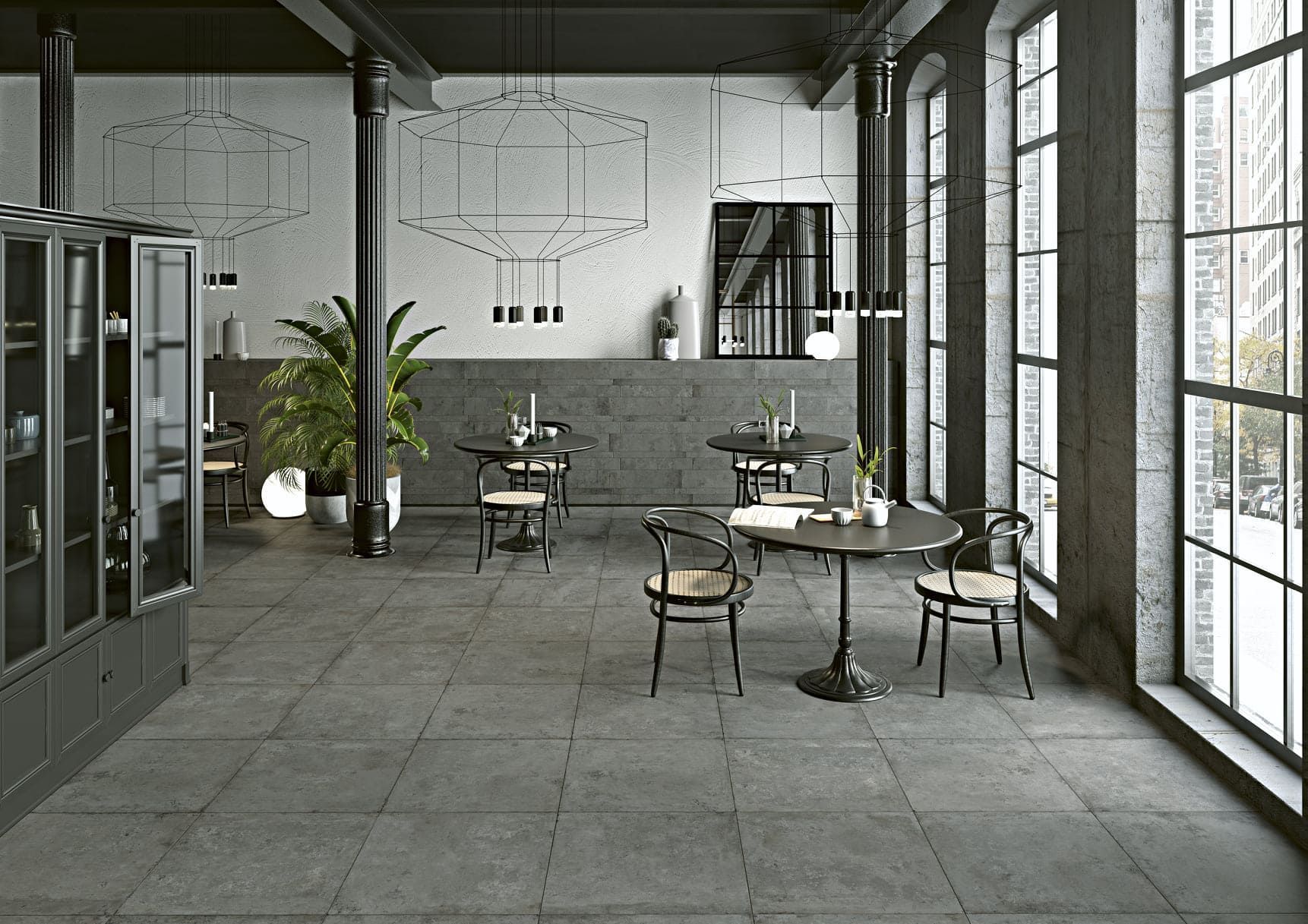 Carrelage effet béton dans une salle de restaurant