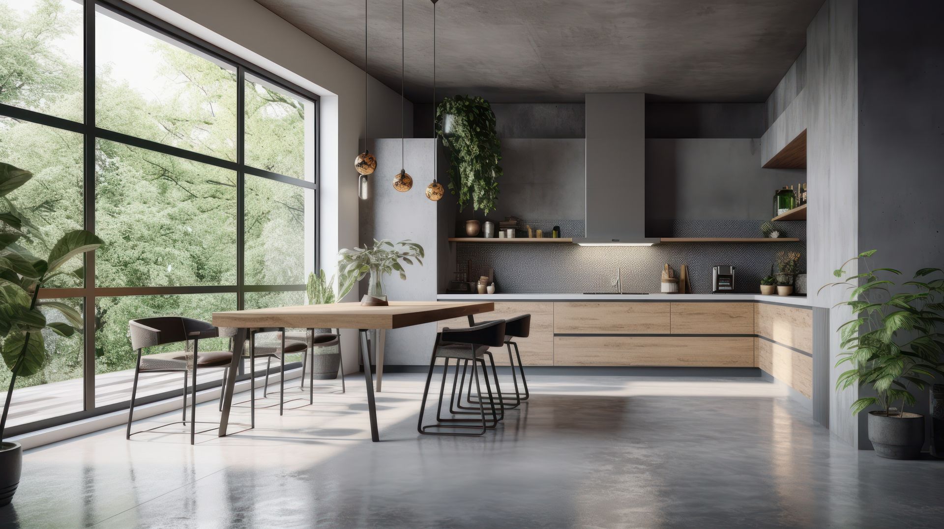 Carrelage effet béton dans une grande cuisine ouverte