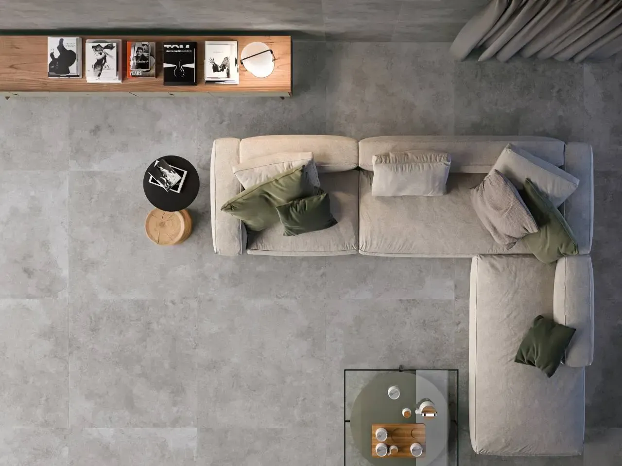 Carrelage à effet pierre grise sous un canapé beige,La Ciotat, Aubagne, St Cyr-sur-mer, Six-four les plages.