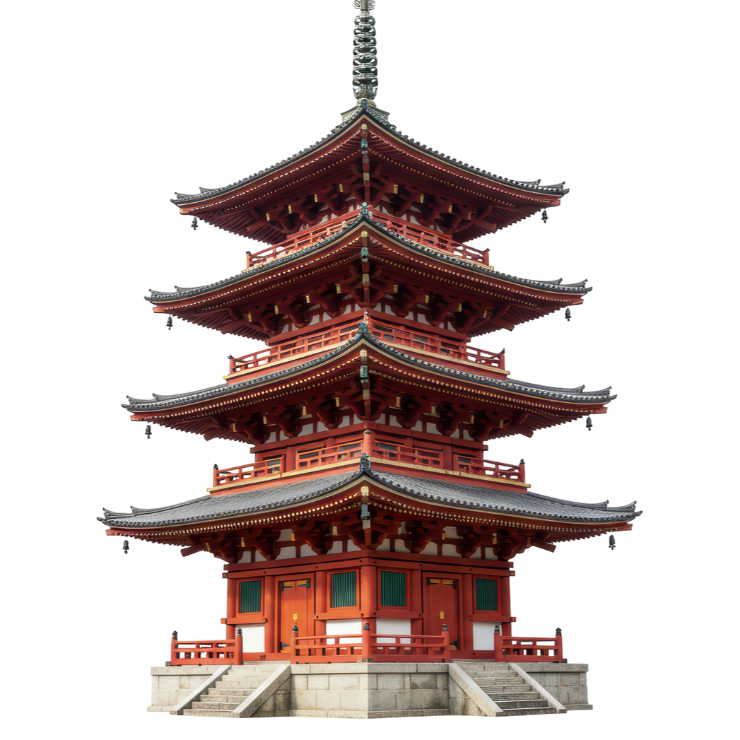 Pagode japonaise rouge et noire à plusieurs niveaux, posée sur un socle en pierre.