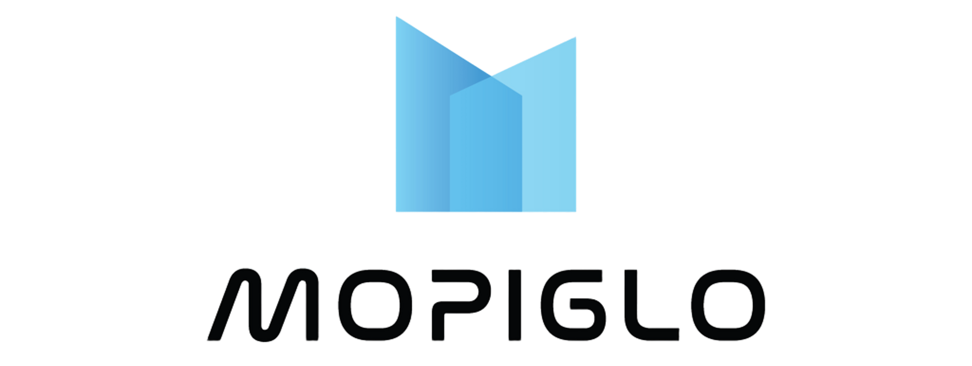 Logotipo de MOPIGLO con una forma abstracta azul que recuerda a un edificio.