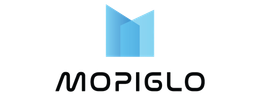 Logotipo de MOPIGLO con una forma abstracta azul que recuerda a un edificio.