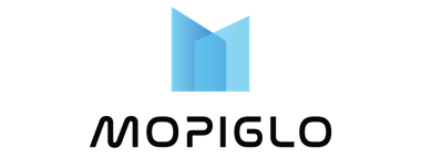 Logotipo de MOPIGLO con una forma abstracta azul que recuerda a un edificio.