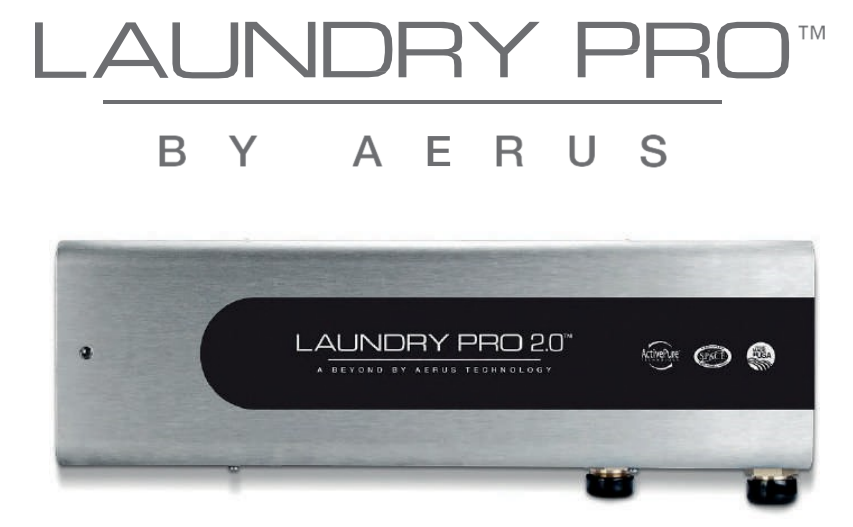 Dispositivo Laundry Pro 20 de Aerus, rectángulo plateado con óvalo negro y dos perillas.