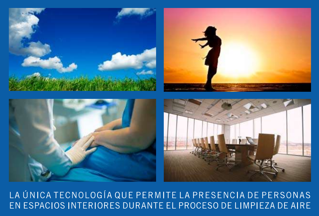 Cuatro imágenes: naturaleza, mujer al atardecer, examen médico, oficina moderna. Texto: Tecnología de purificación del aire.