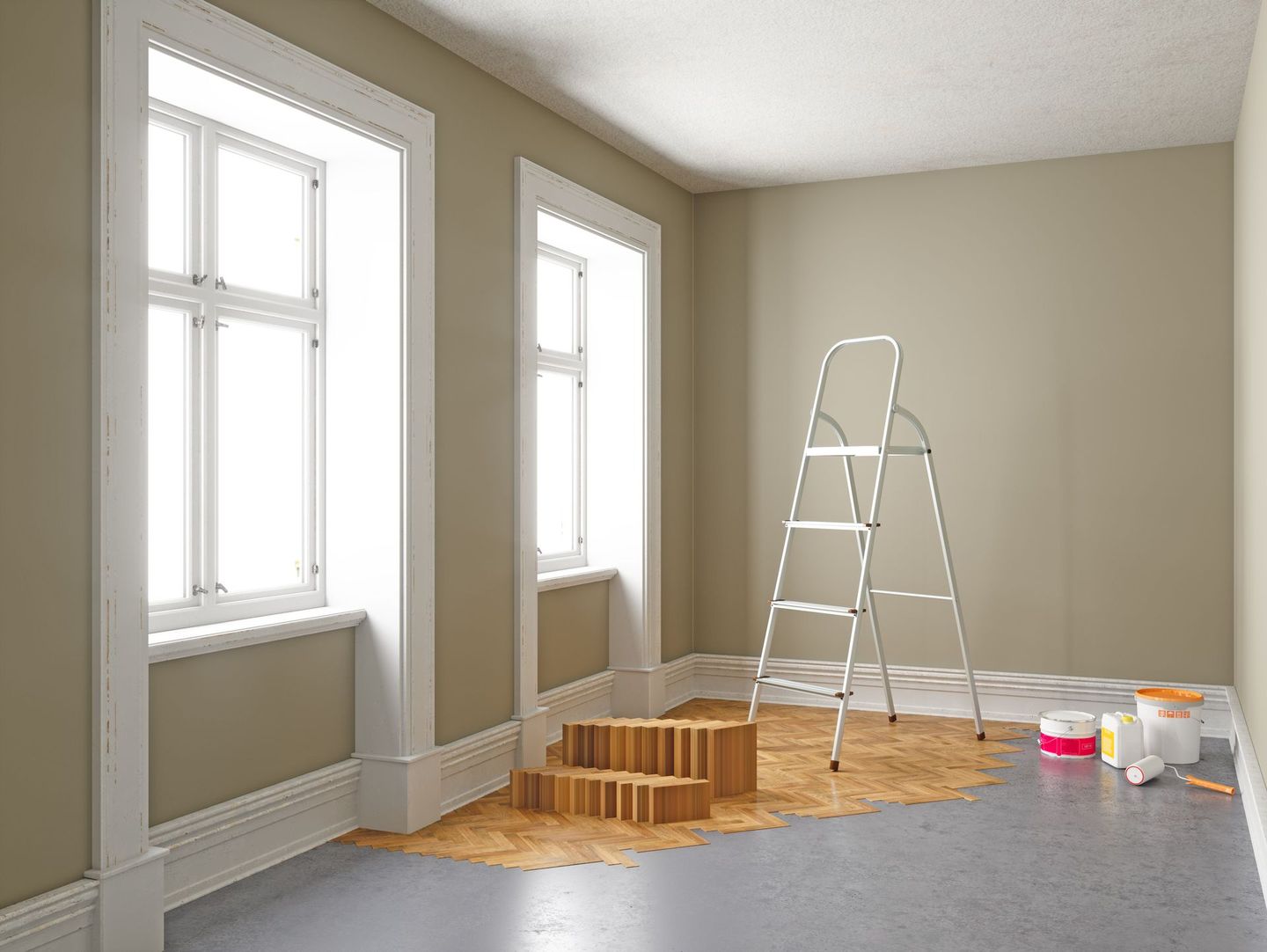 Hay una escalera en el medio de la habitación.