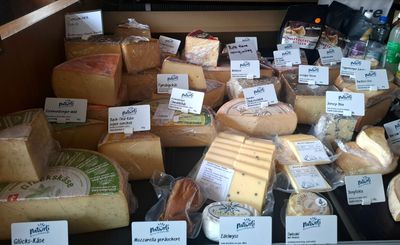 Eine Vitrine voller verschiedener, regionaler Käsesorten, jede mit einem kleinen weißen Etikett versehen, in der Metzgerei Koller