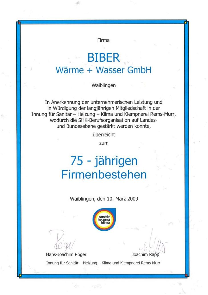 Urkunde der Biber Wärme + Wasser GmbH