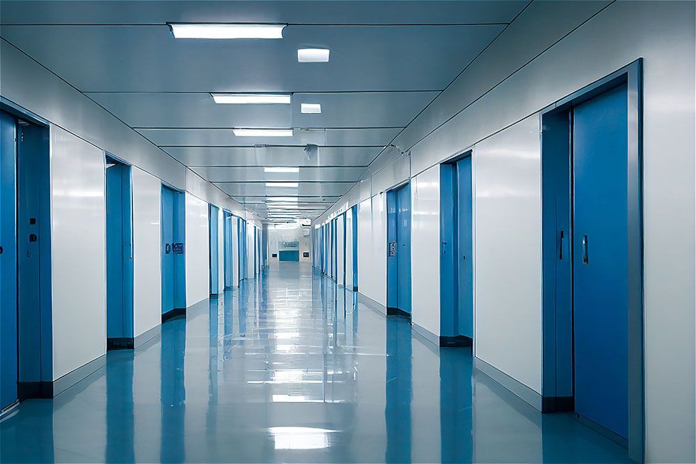 Flur mit blauen Türen, weißen Wänden und einem glänzend blauen Boden, der eine sterile Umgebung suggeriert.
