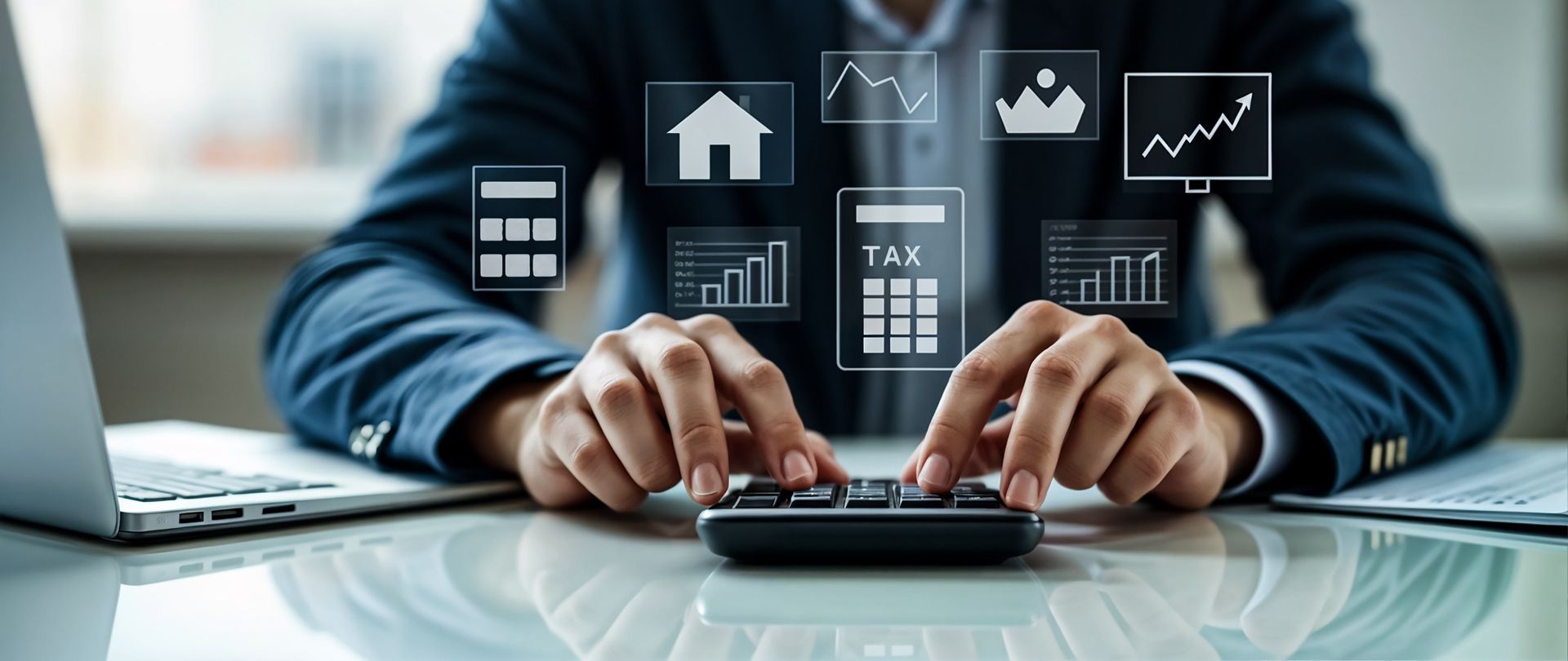 Une personne utilise une calculatrice avec des icônes financières et fiscales superposées, avec un ordinateur portable.