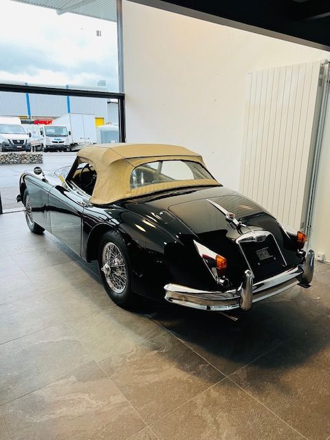 Jaguar décapotable classique noire à capote beige, garée à l'intérieur.