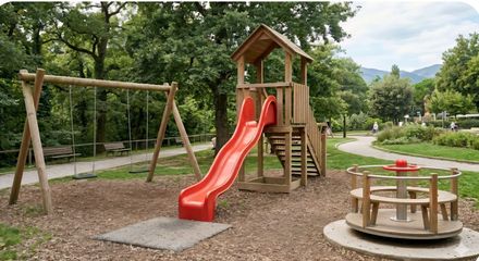 Parco giochi vuoto con scivoli rossi, sbarre verdi per arrampicarsi e un sentiero curvo accanto a panchine sotto un cielo nuvoloso