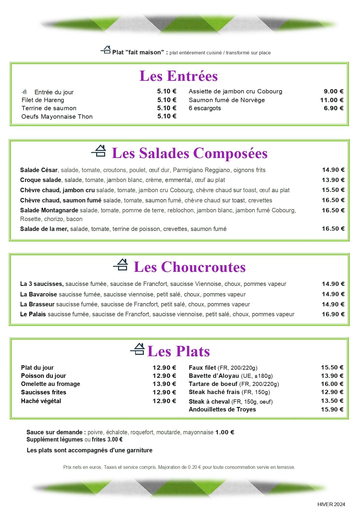 Carte Hiver Page 2 - les entrées et plats