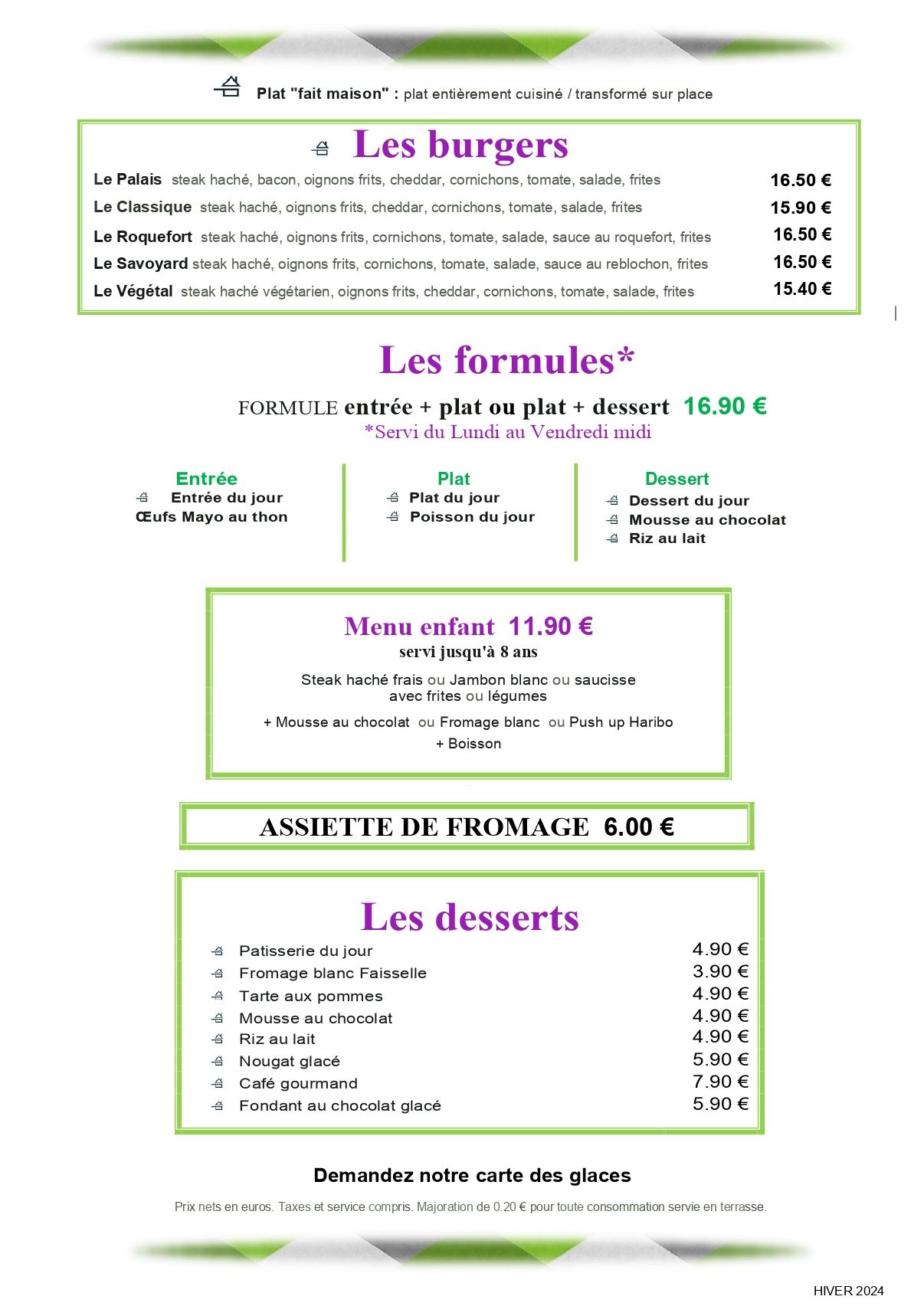 Carte Hiver Page 3 - Burger + formules + desserts