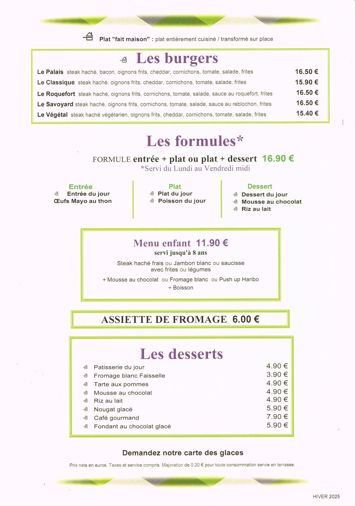 Carte Hiver Page 3 - Burger + formules + desserts