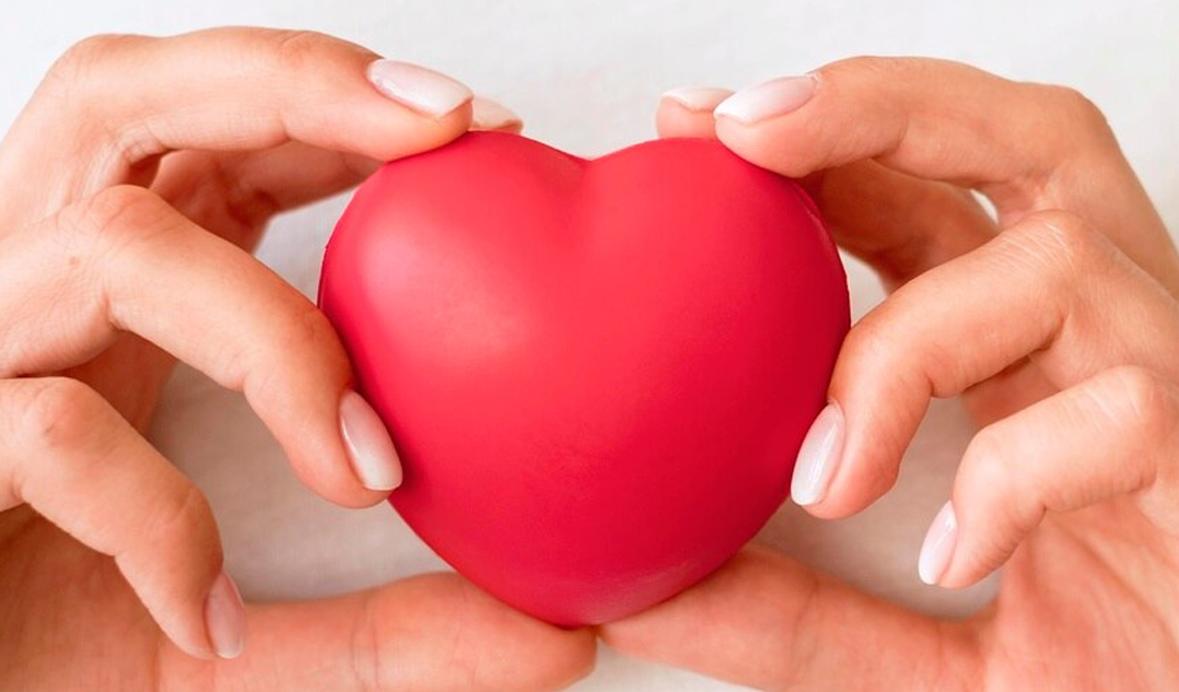 Mani che tengono un oggetto rosso a forma di cuore.