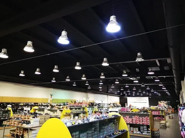 Una tienda con muchos estantes y luces colgando del techo.