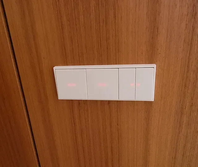 Un interruptor de luz blanca está colgado en una pared de madera.